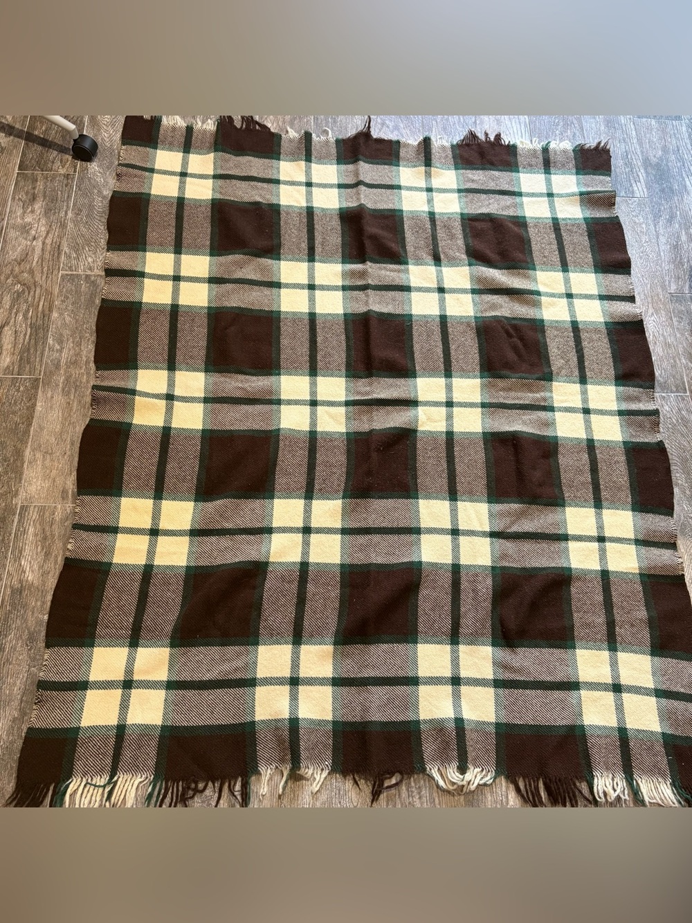 Vintage 100% Wool Plaid Blanket Green Brown Ivory 53x67” Fringe